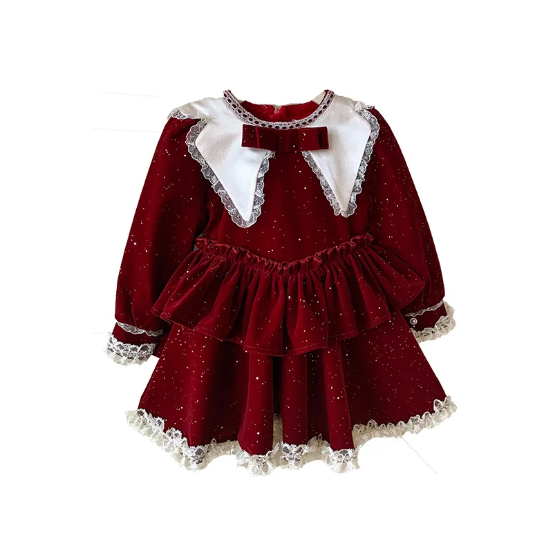 Girls red glitter velvet dress 2025 spring and winter new Korean version  girl thickened velvet New Year's princess dress