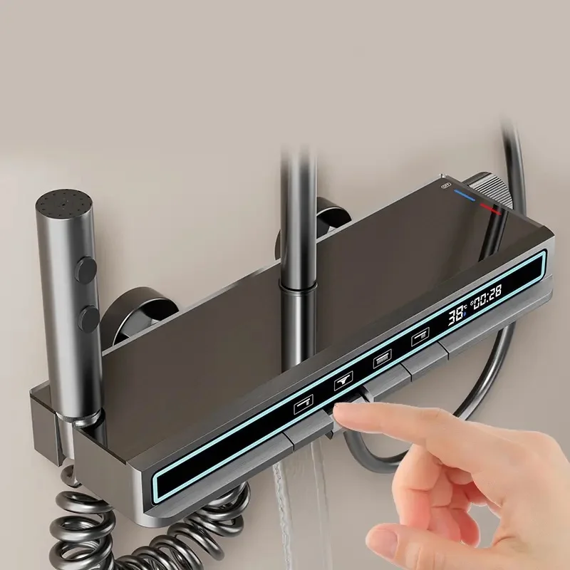 타이머, 핸드헬드 및 다중 모드 기능을 갖춘 세련된 디지털 온도 조절식 레인폴 샤워기 – 스마트 고압 욕실 키트