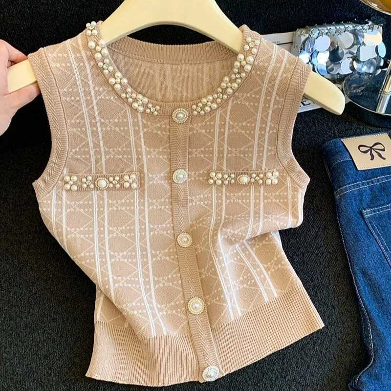 Summer New Fashion Small Fragrance Women's Blouse High End Elegant Slim Heavy Industry Beaded Sleeveless O-neck Knitted Vest Top