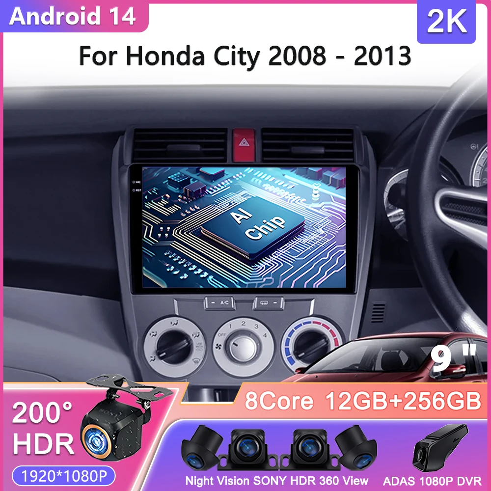 

Android 14 для Honda City 2008-2013 Автомобильный радиоприемник Мультимедийный видеоплеер Навигационный стерео GPS без 2din DVD Экран головного устройства
