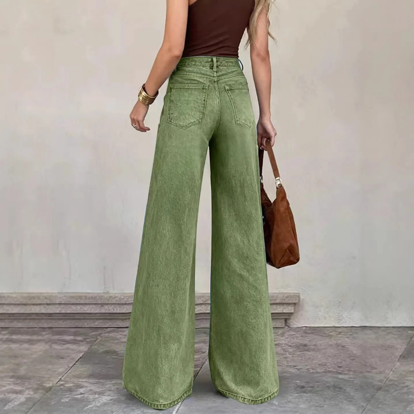 Casual Mid-Waist Elastic Denim Jeans Elegant Party Wide Leg Pants with Pockets Vintage Washed Cotton Polyester Blend Jeans