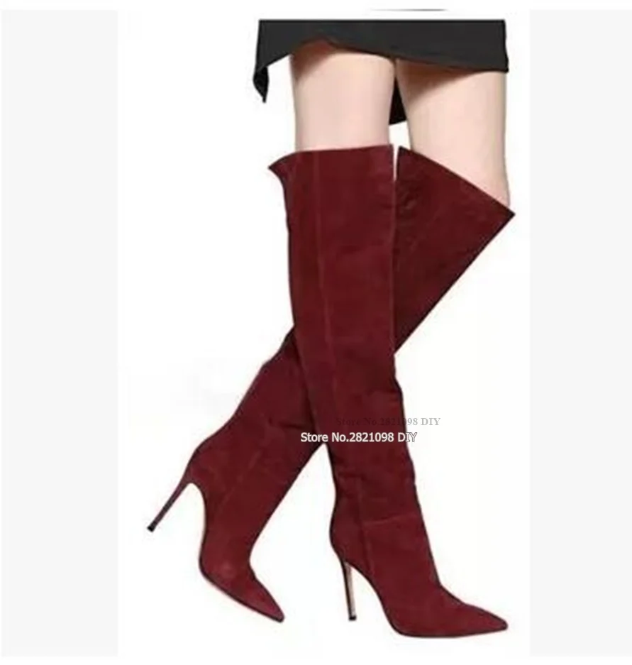 

Winter Hot selling over the knee boots wine red suede high heel boots woman pointed toe thigh high boots leather boots