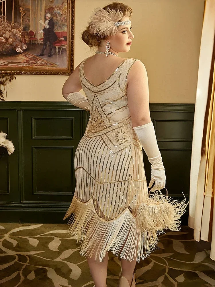 Women Party Dress 1920s Great Gatsby Flapper Dress V Neck Sleeveless Embellished Sequin Beaded Fringe Dress Vestidos