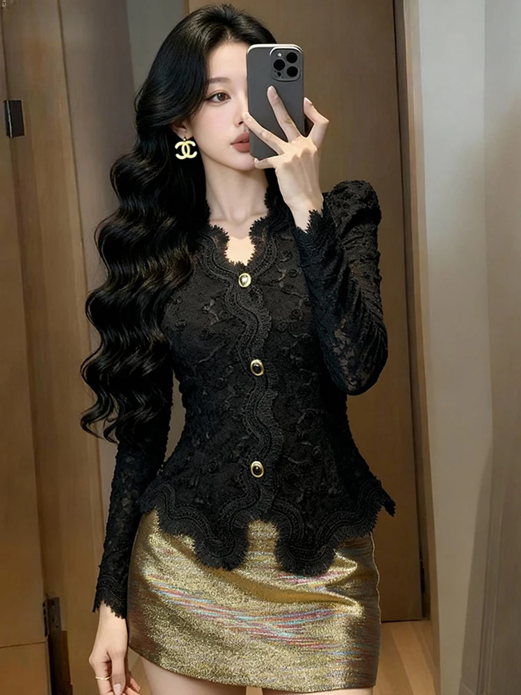 

New Spring Autumn Women Lace Floral Long Sleeve Shirt V-Neck Slim Blouse Elegant Lady Office Formal Tops Casual Street Clothes