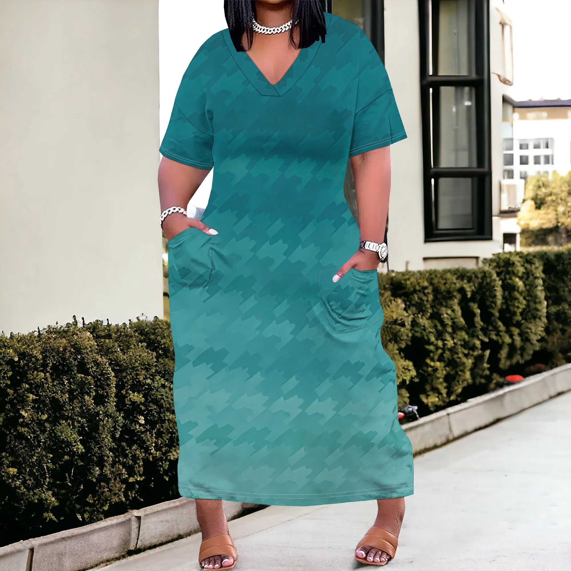 

Plus Size Women's Ombre Maxi Dress Casual V-Neck Loose Fit T-Shirt Sundress with Pockets XL-6XL