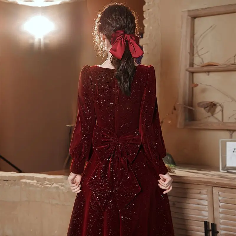 2025 primavera otoño mujeres cuello cuadrado Bling brillo vino vestido de terciopelo rojo, mujer arco delgado vestidos de terciopelo de cintura alta