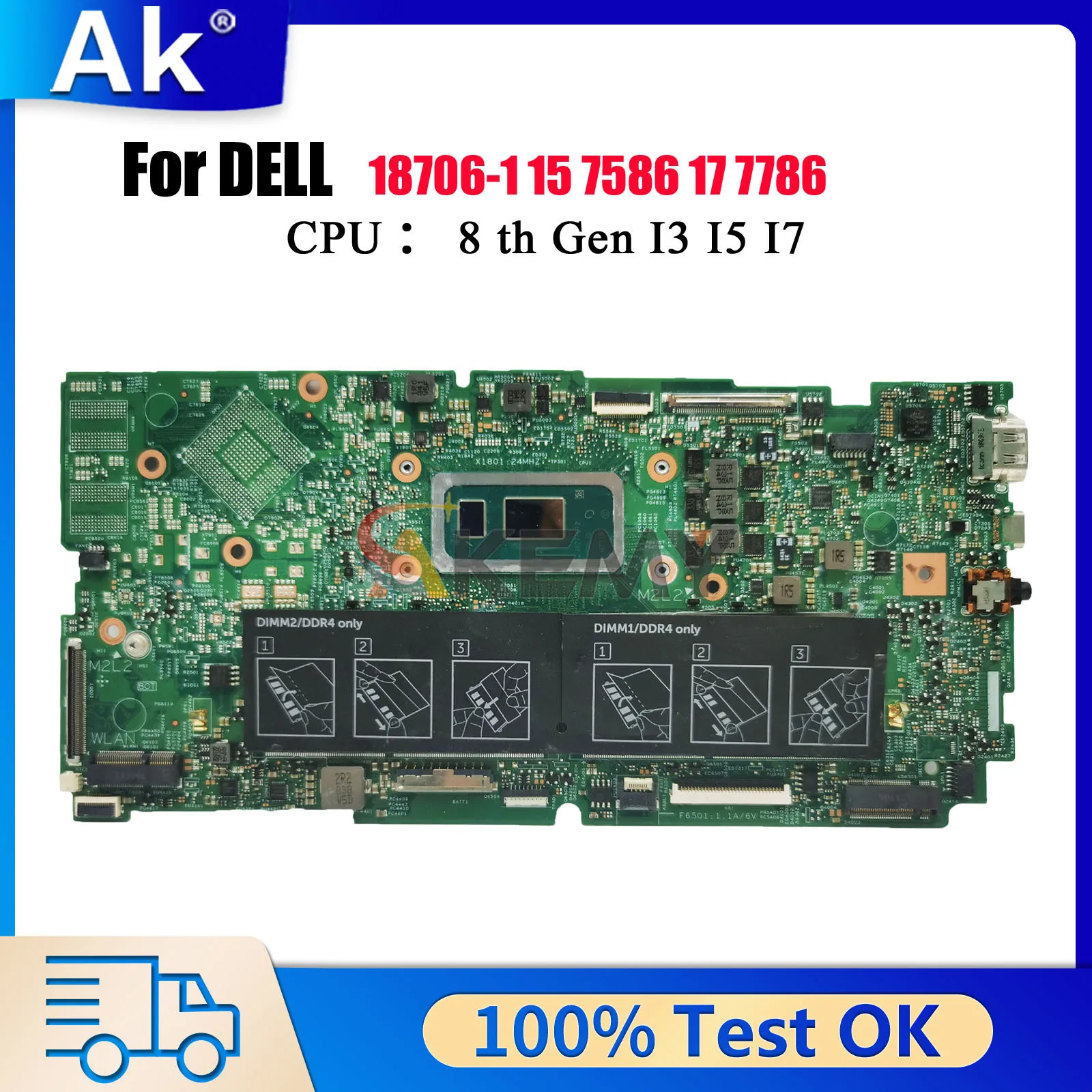 

Материнская плата для ноутбука DELL 15 7586 17 7786 18706-1 CN-0C6KN0 CN-0K2X16 DDR4 с процессором i5 i7 100% полностью протестирована