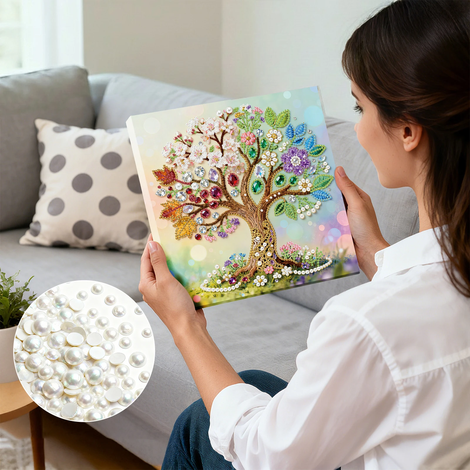 

DIY Pearl Art Painting for Home Wall Decor Pearl Gem Paintings Picture Arts Craft 25x25cm With Frame