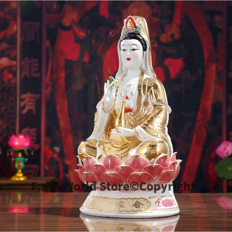 KAI GUANG BUDDHA ASIA HOME efficacious Talisman Family Protection Bless safety handmade Chinaware Gilded GUAN YIN Buddha statue