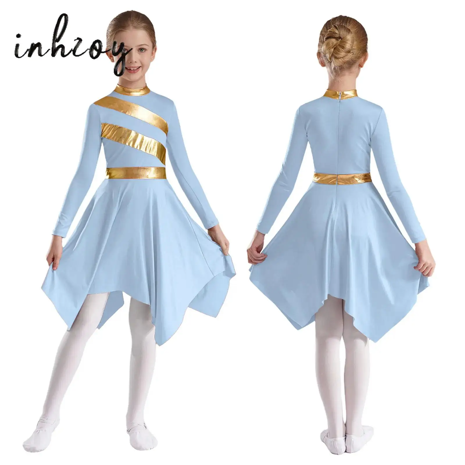 Crianças meninas ballet louvor dança lírica desempenho traje metálico brilhante igreja adoração cristã robe vestido túnica dancewear