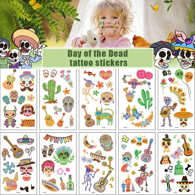 10 Pack Fake Tattoo Stickers Cartoon Temporary Tattoos Kids Arm Tattoos Kids Mexican Day of the Dead Party Tattoo Stickers