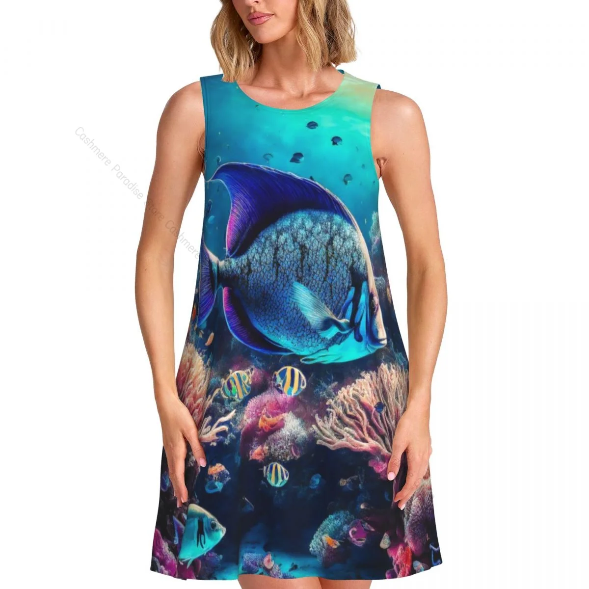 Women Casual Knee Women's Dress Fish O Neck Sleeveless Above Dress