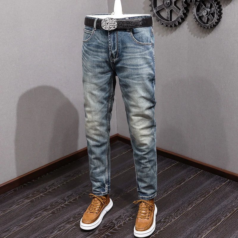 Newly Vintage Fashion Men Jeans High Quality Retro Blue Elastic Slim Fit Ripped Jeans Men Trousers Casual Designer Pants Hombre