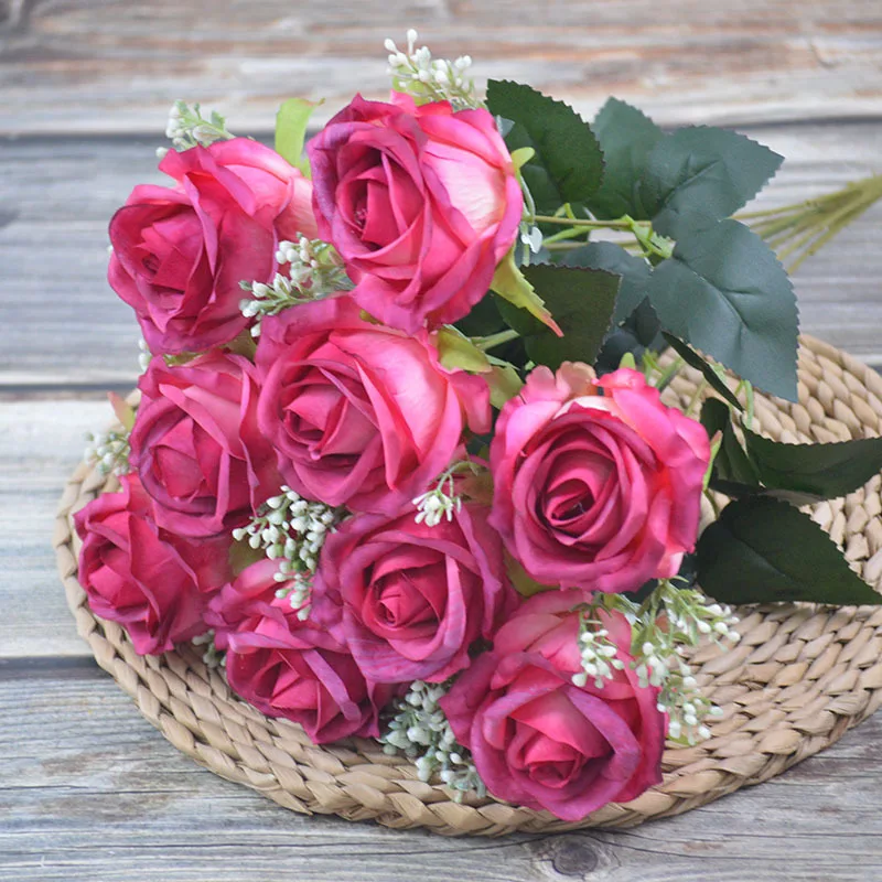 

Artificial Silk Oil Painting Rose Bouquet Wedding Bridal Bouquets Home Dining Room Bedroom Garden Decoration Fake Flower Plant