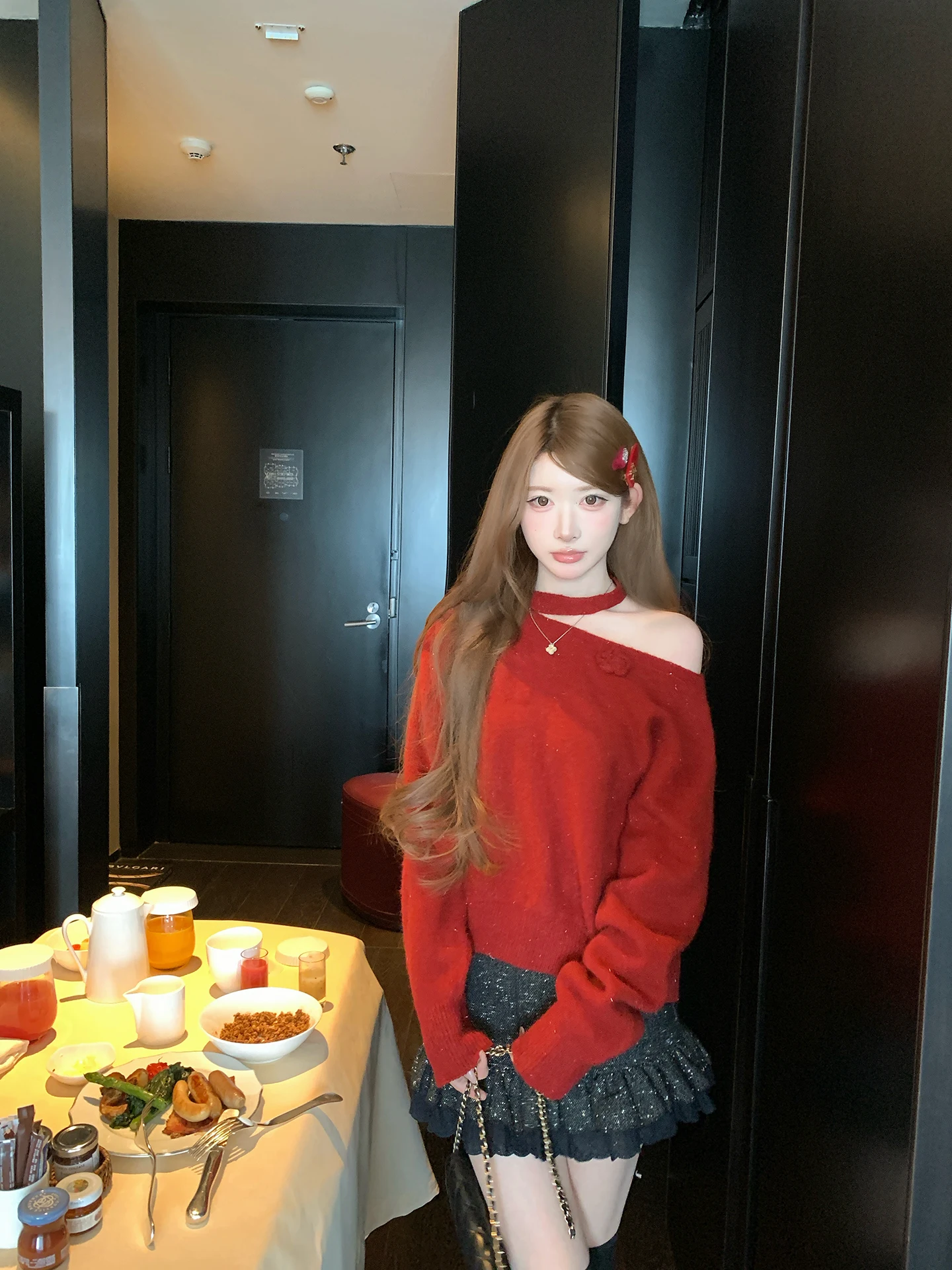 

Chen DaYu New Year Red Design Knitted oulder Bared Sweater Women's Autumn Winter Inner And Outer Wearable Hanging Ne Top