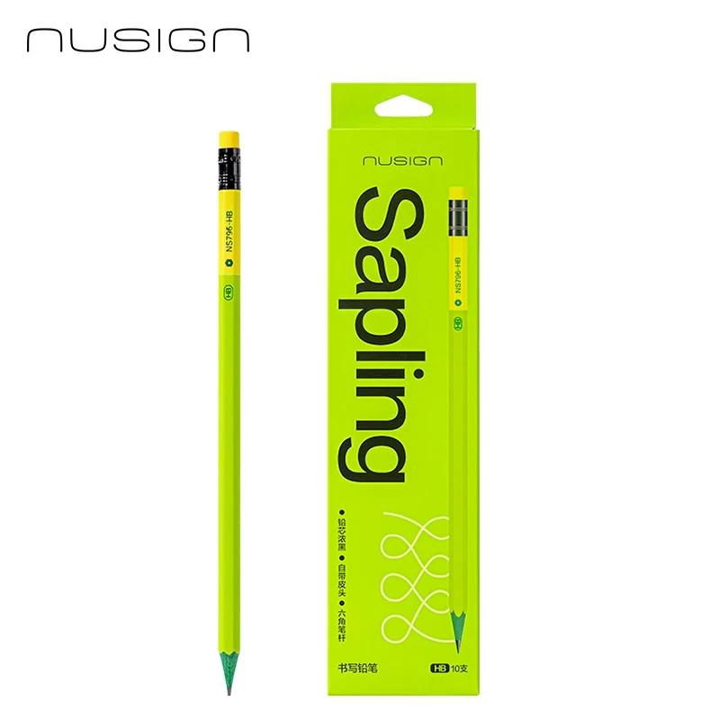 10PCS Box Deli Nusign NS796-HB/2B Green Wooden Pencils with Rubber Head Hexagonal Lead-Free Writing Pencils for School And Offic