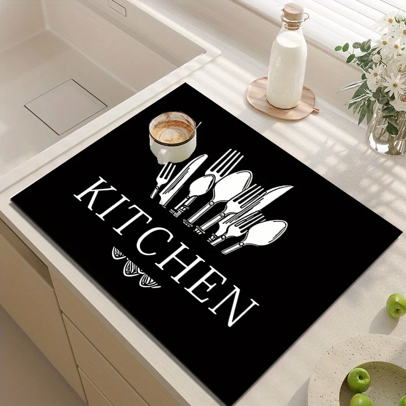 Black Kitchen Letters Super Absorbent Cutlery Desk Pad Fast Drying Heat Resistant Tableware Dish Coffee Countertop Mat