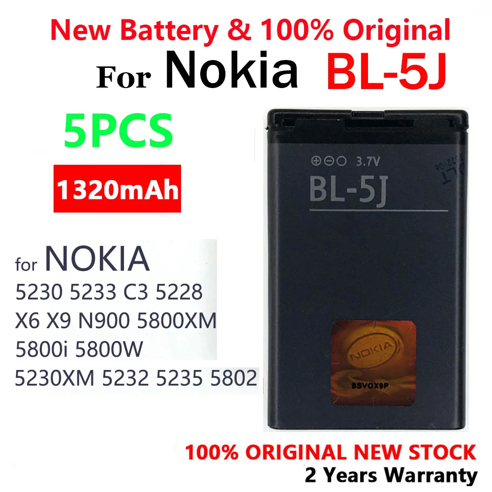 100% Genuine 1320mAh BL-5J BL5J BL 5J Battery For Nokia 5230 5233 5235 5800 3020 XpressMusic N900 C3 Lumia 520 525 530 5228 5900