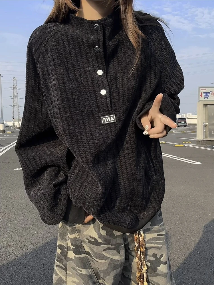 

Черная толстовка унисекс с узором «рыбья кость» и пуговицами, с длинным рукавом, в повседневном стиле, с американским кроем плеча, верхняя одежда для мужчин