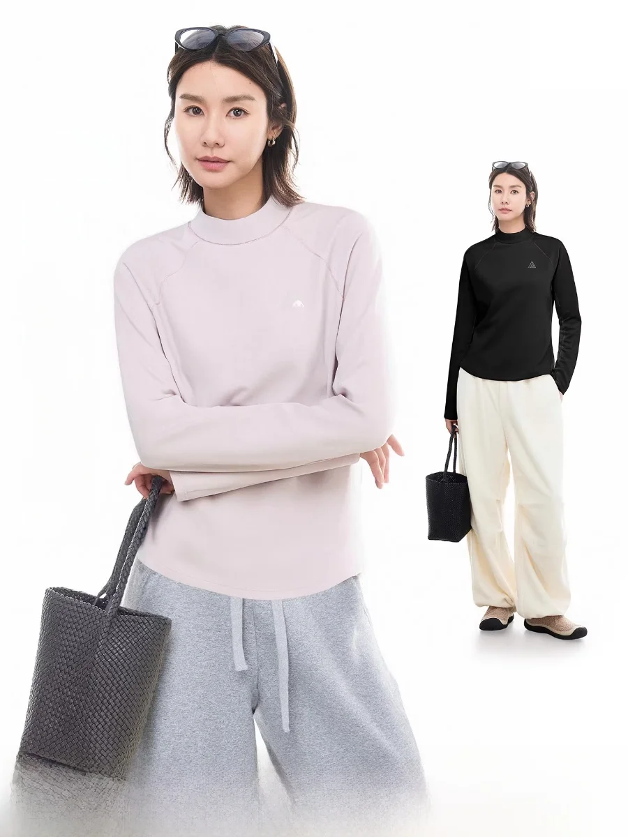 

Warm Fce Double-Sided f-High Collar oulder Insert Sve Women's T-irt Casual Sle Loose Fit Long Sve Top