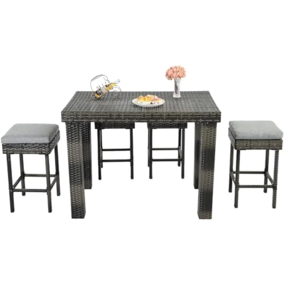

5-Piece Patio Furniture Outdoor Dining Set for 4, Rattan Patio Dining Table and Chairs Set with Non-Slip Cushion, Wicker Bar Pub