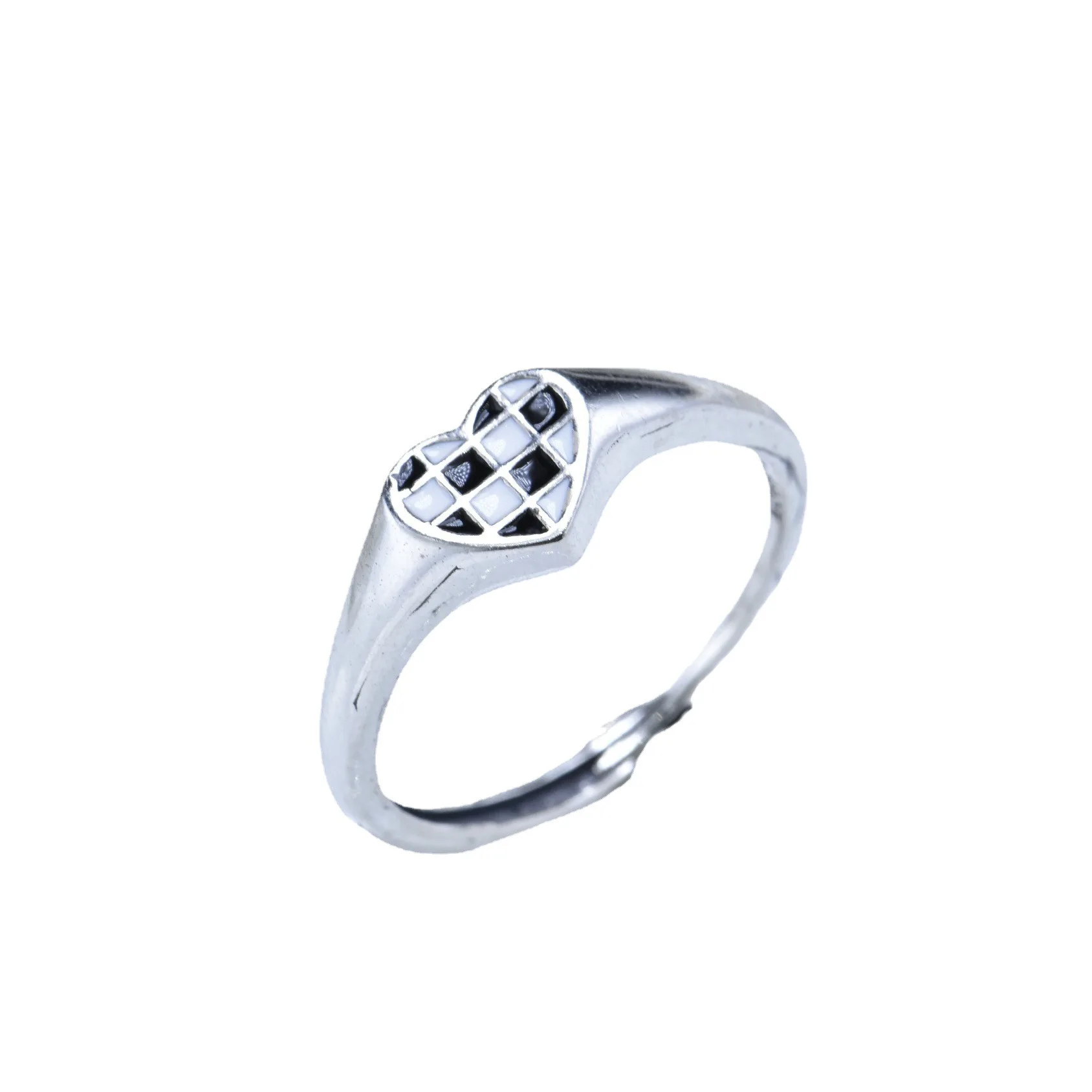 Trendy black and white checkerboard pattern open heart ring, female niche ring, personality versatile temperament ring