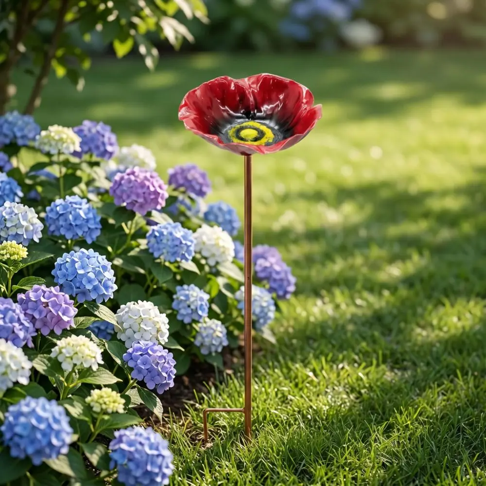 Metal Bird Bath Stand Flower Shaped Ground Insert Bee Butterfly Watering Station Colorful Iron Art Garden Insect Birdbath