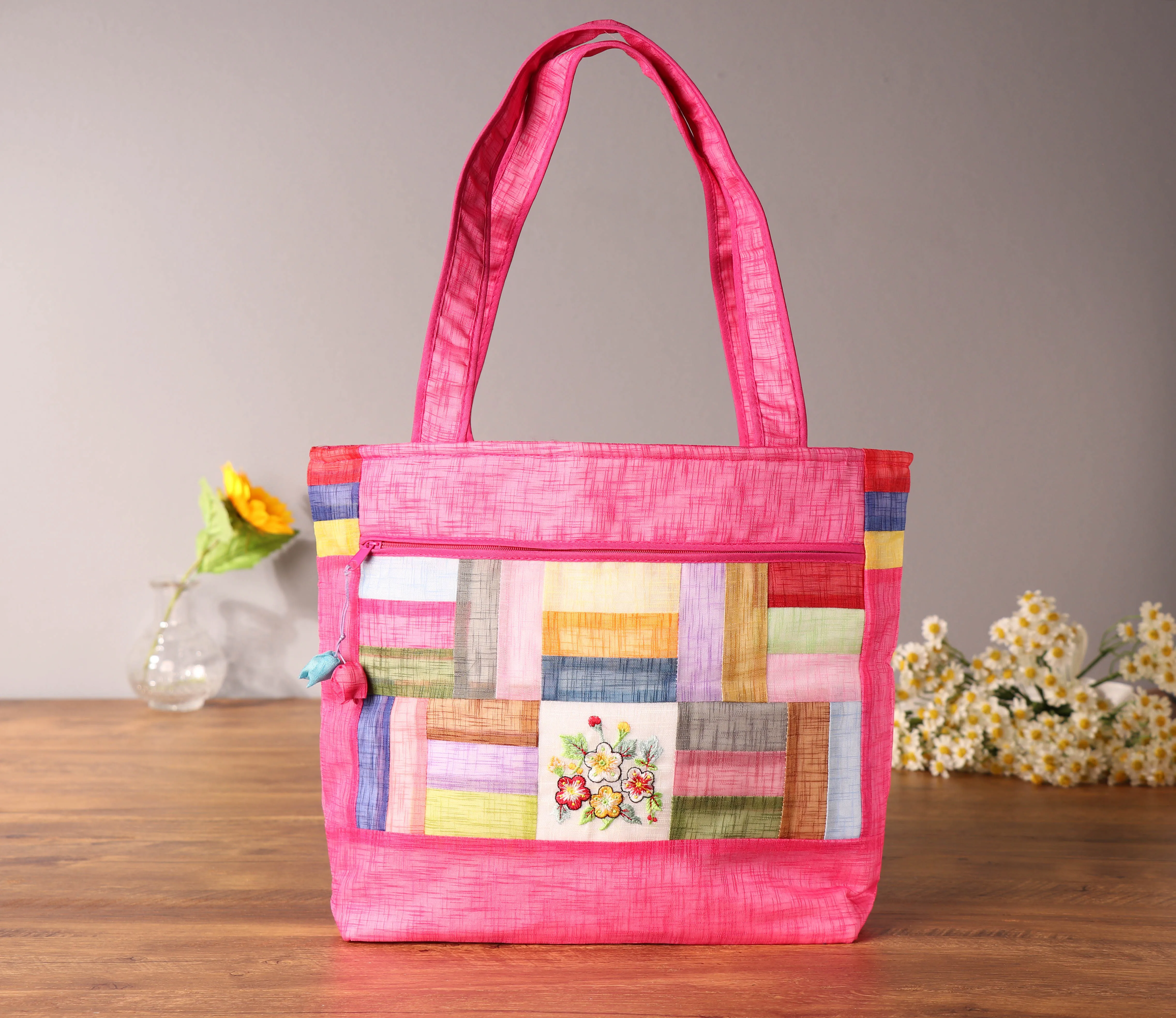 Ethnic Embroidered Handbag Women's Shopping Bag Single Shoulder Bag Korean Bamboo Node Style Ladies Handbag Zipper Closure