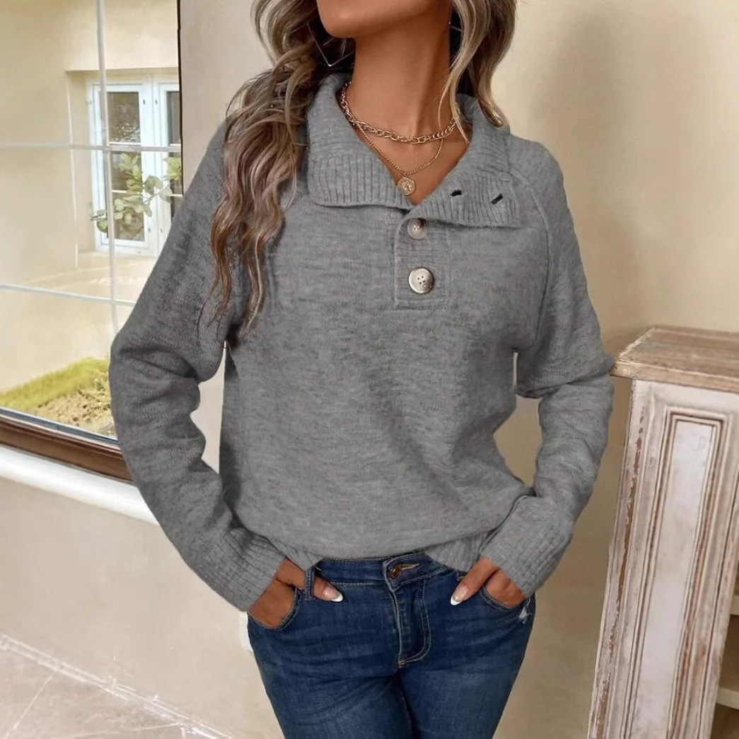 2025 New Fashion Button Half Open Collar Knitted Sweater Women Autumn Casual Loose Solid Color Long-sleeved Top For Women