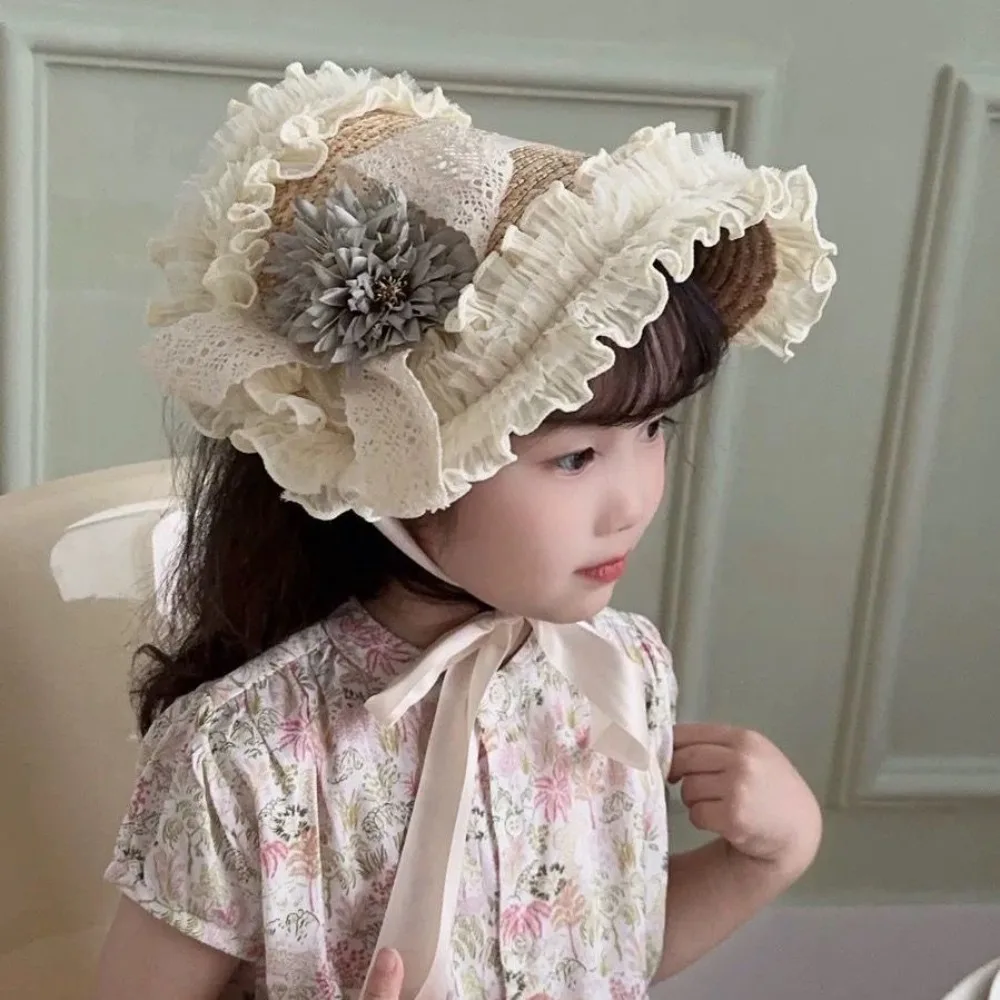 Kids Summer Princess Lolita Hat French Lace Floral Straw Sun Hat Fashion Cute Girls Photo Shoot Outdoor Shade Headwear
