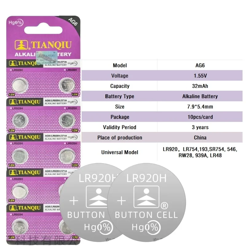 6-120PCS 1.55V AG6 371 SR920SW LR920 SR927 171 370 L921 LR69 SR920 Button Batteries For Watch Toys Remote Cell Coin Battery
