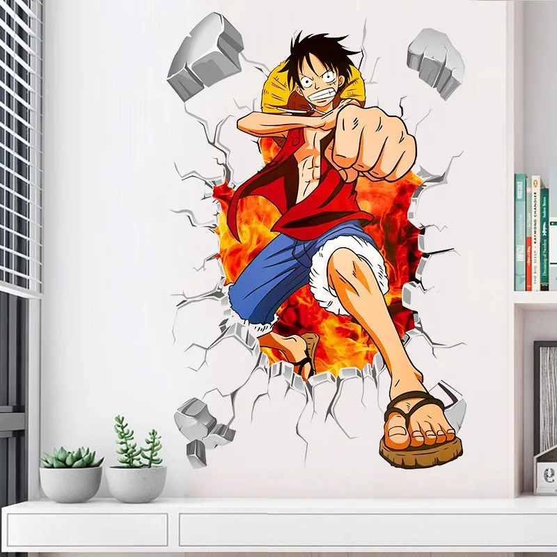 Anime ONE PIECE Monkey D Luffy 3D Broken Wall Sticker Bedroom Decoration Graffiti Sticker Children\'s Toy Birthday Gift