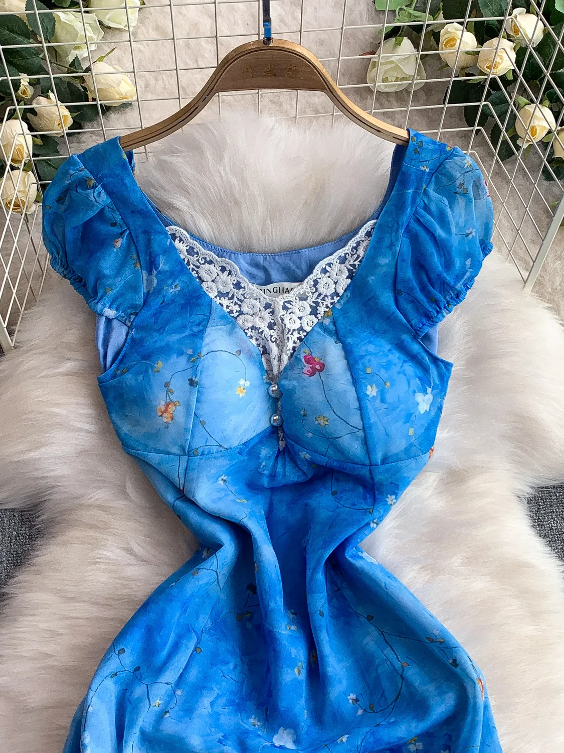 Summer Blue Floral Lace V-ne Bubble Sve Dr Women's Sweet A-line Midi Dr Korean Sle Commute High Waist Bubble Sle...