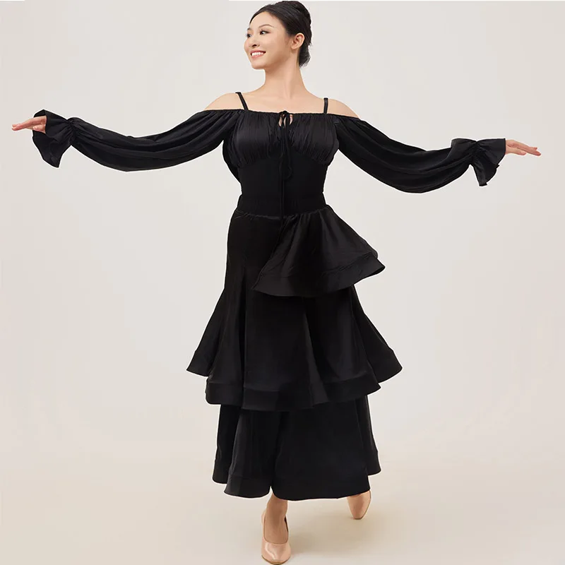 ชุดเต้นรำสมัยใหม่สำหรับผู้หญิง ชุดเต้นรำมาตรฐานระดับชาติ เสื้อเปิดไหล่ กระโปรง ชุดเต้นรำชาช่า ชุดแสดงเต้นบอลรูม DN22397