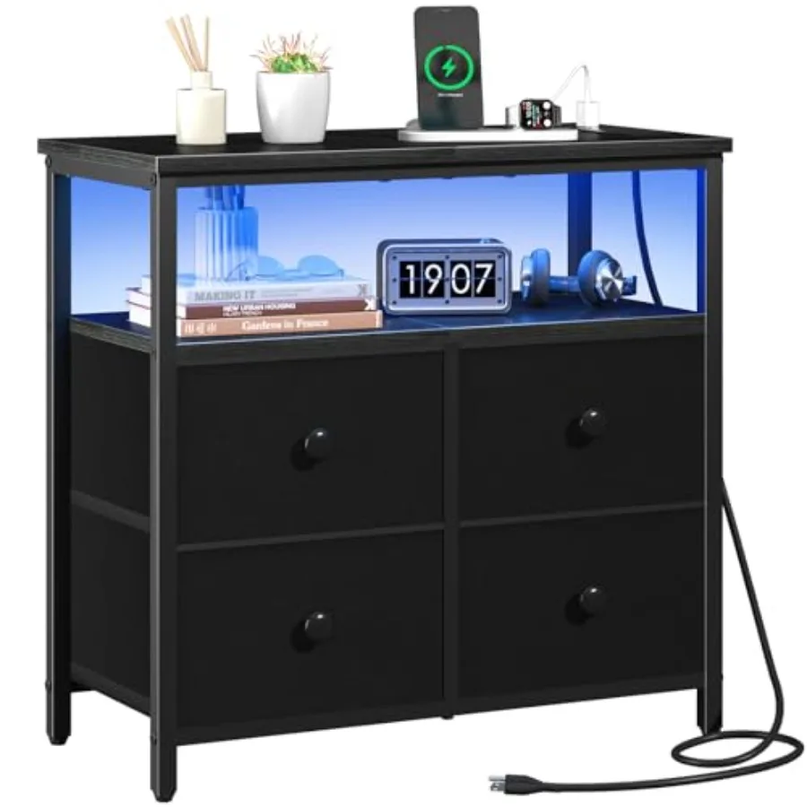 

Night Stand with Charge Station 4-Drawer Bedside Table with LED Lighting and Storage Shelf 3-Tier Wood Side Table in Black for