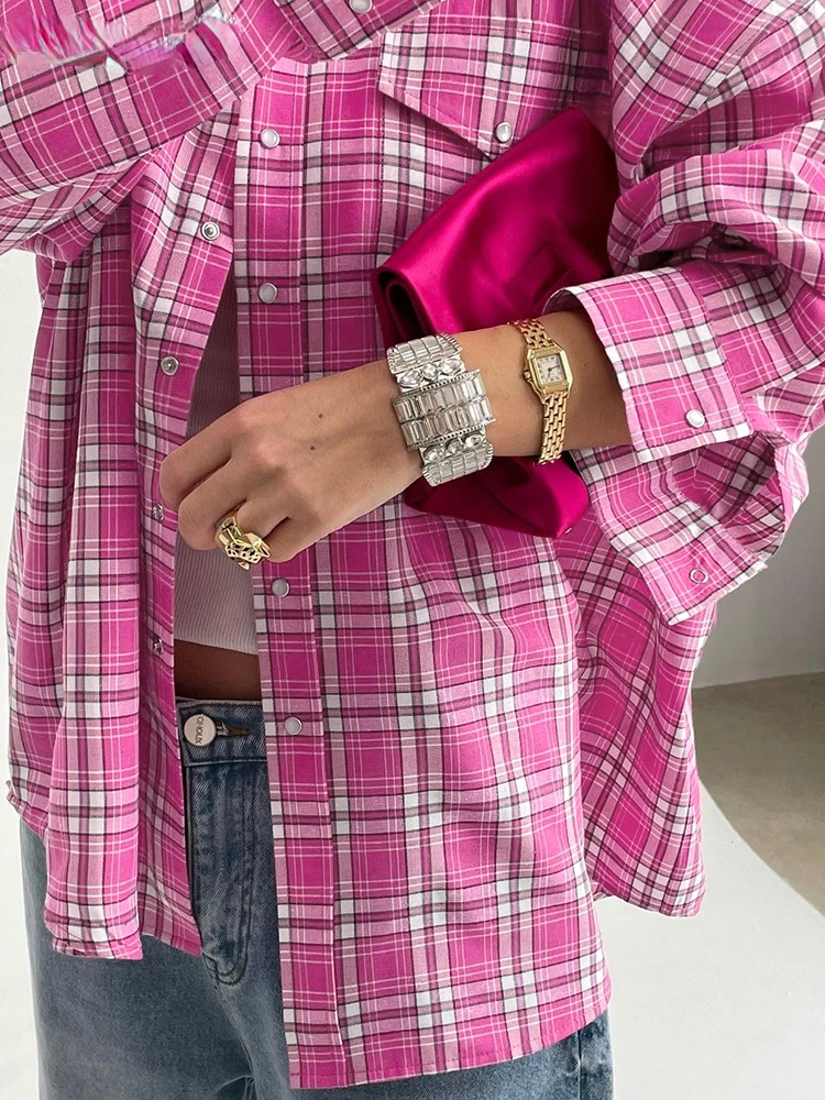 Pink Brightly Plaid Shirts For Women Spring Summer 2024 Long Sleeves Classic Lapel Blouses And Tops Oversize Checked