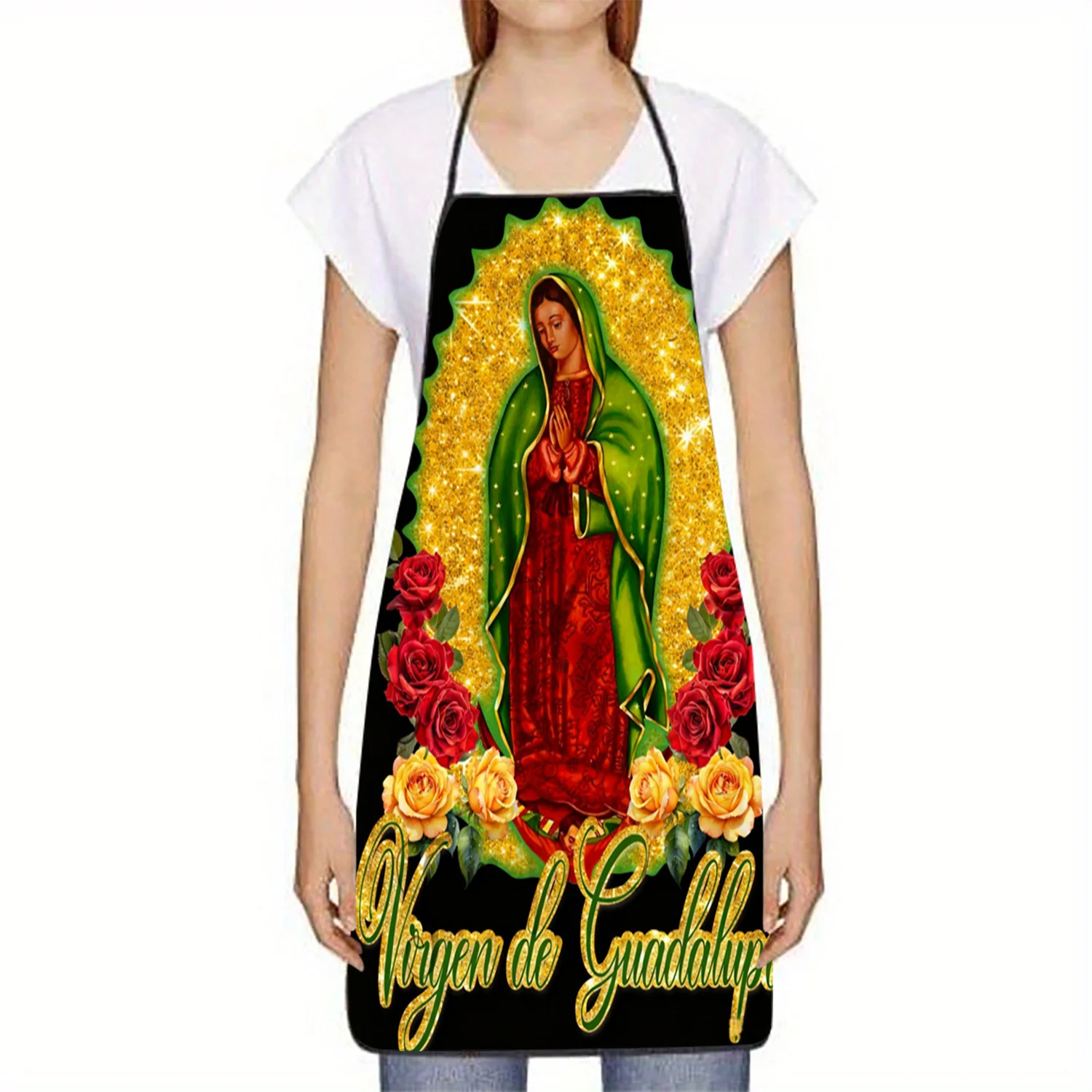 1pc Mexican Virgin Mary Our Lady of Guadalupe Apron - Spanish Text Design with Roses Green Golden Religious Iconography Unisex