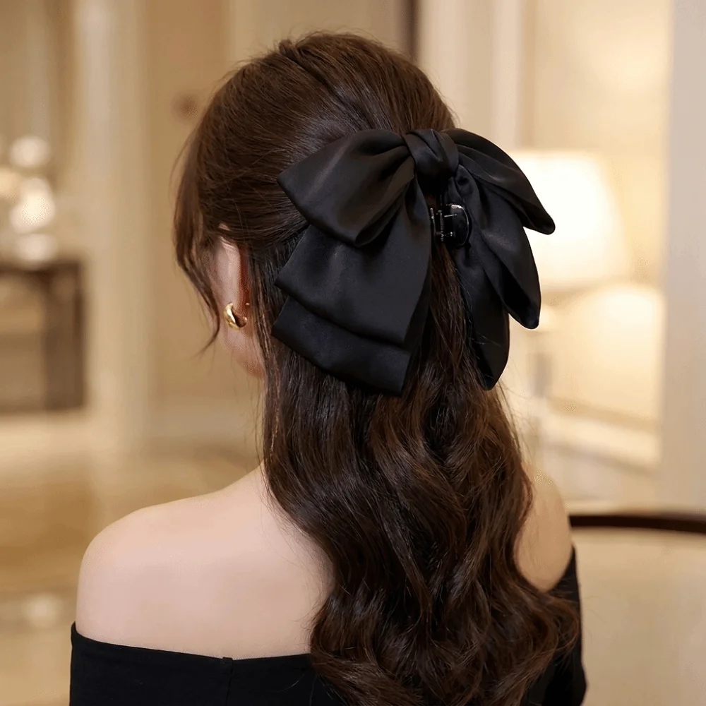 Wide Grip Oversized Bow Hair Claw Sturdy Durable Long-Lasting Hair Accessories Non-Slip Pure Black Hair Clamp Daily
