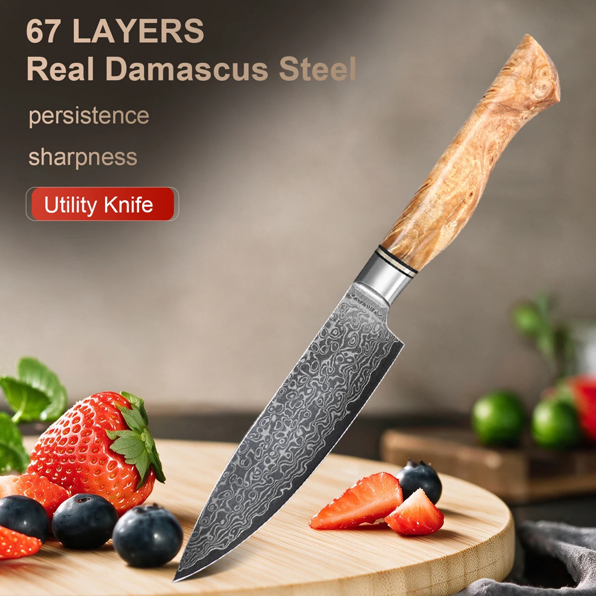 Superscharfes 5-Zoll-Allzweckmesser aus Echtem 67-Lagen-Damaszener-Stahl, Multifunktionales Schälmesser für Obst und Gemüse, Küchenmesser zum Kochen