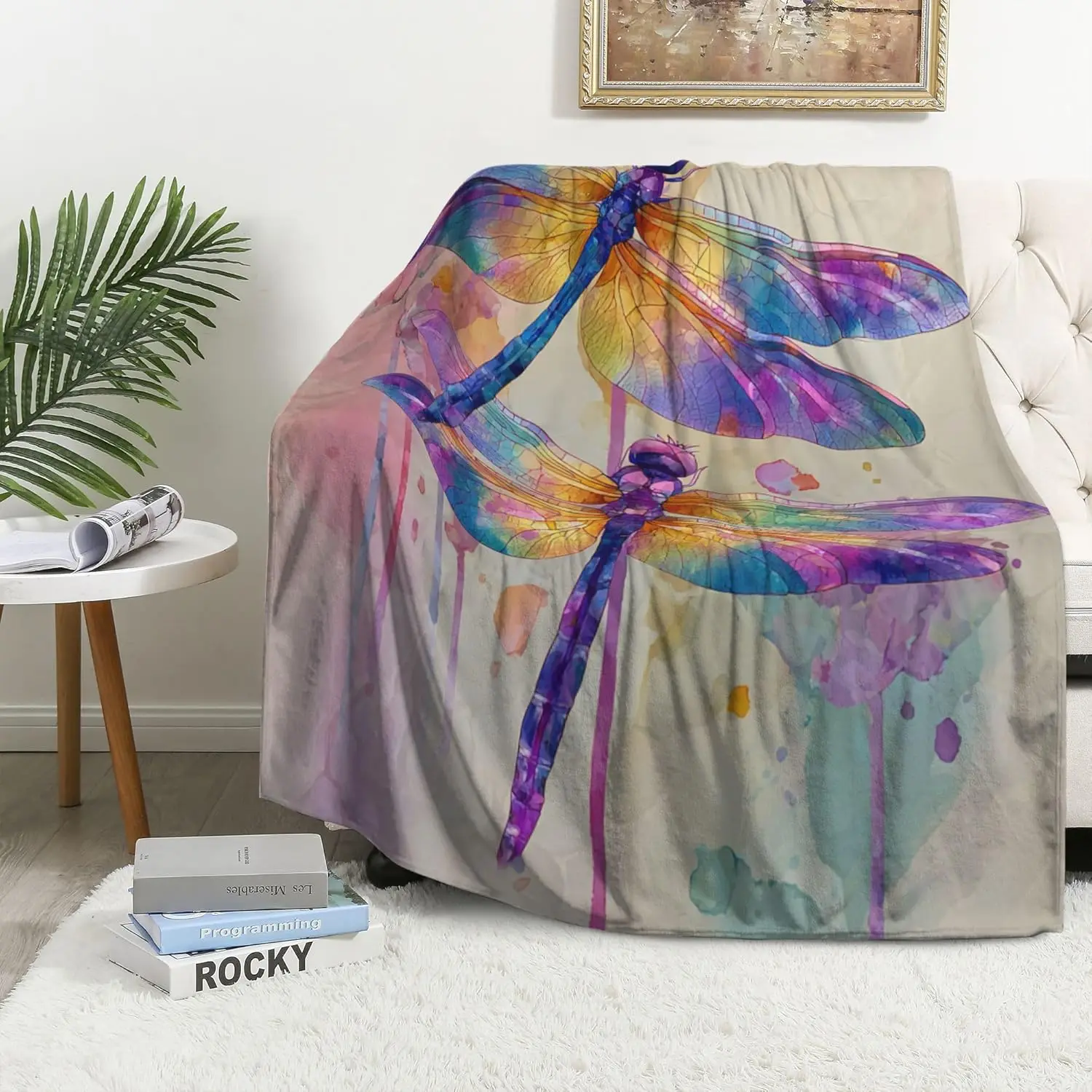 Boho Watercolor Dragonfly Print Throw Blanket Cozy Decorative Home Decor for Living Room Spring Autumn Seasonal Art