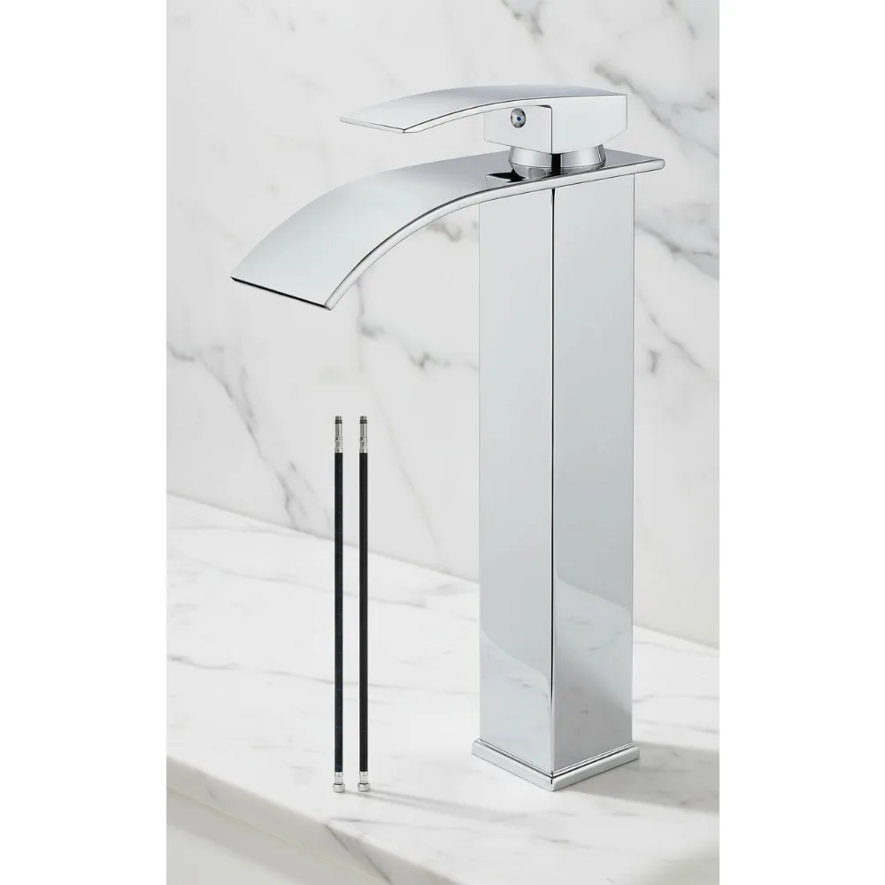 

Tall Waterfall Bathroom Faucet Chrome Single Handle Deck Mount Vessel Sink Mixer Tap with Large Spout