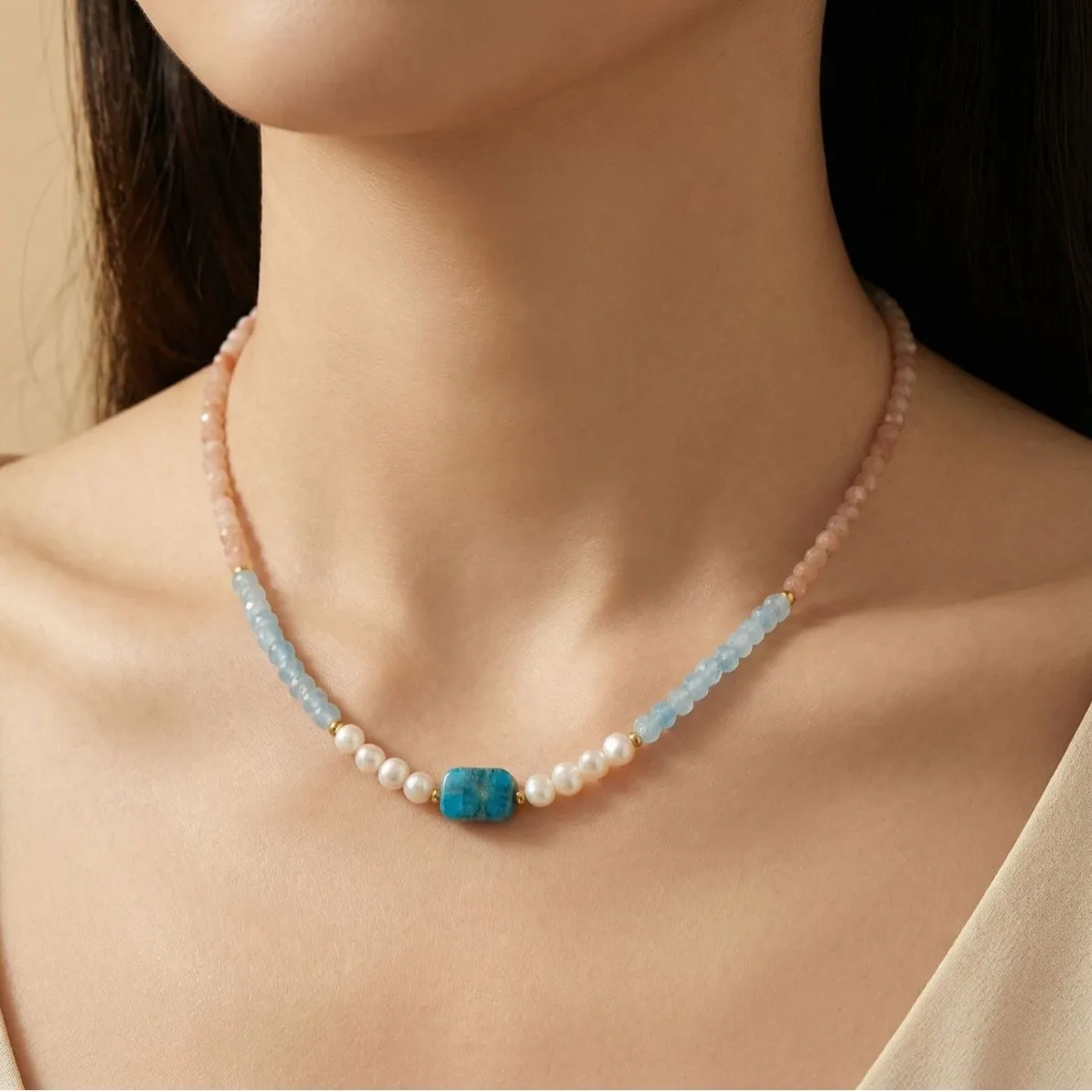 Guochao New Chinese Freehand Ink Painting Sun Stone Aquamarine Treasure Freshwater Pearl Beaded Niche Elegant Temperament Neckla