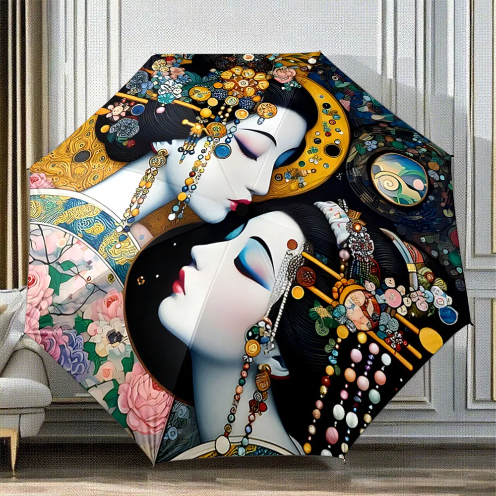Elegant Geisha Art with Floral and Gold Details on Umbrella portable waterproof sun rain umbrella for outdoor travel beach
