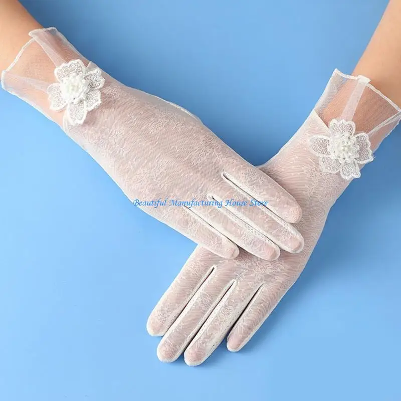 

E56A Sexy Elastic Mesh Gloves with Floral Decor Bungee Stage Performance Hollow Lace Punk Hip Hop Women Wrist Length Gloves