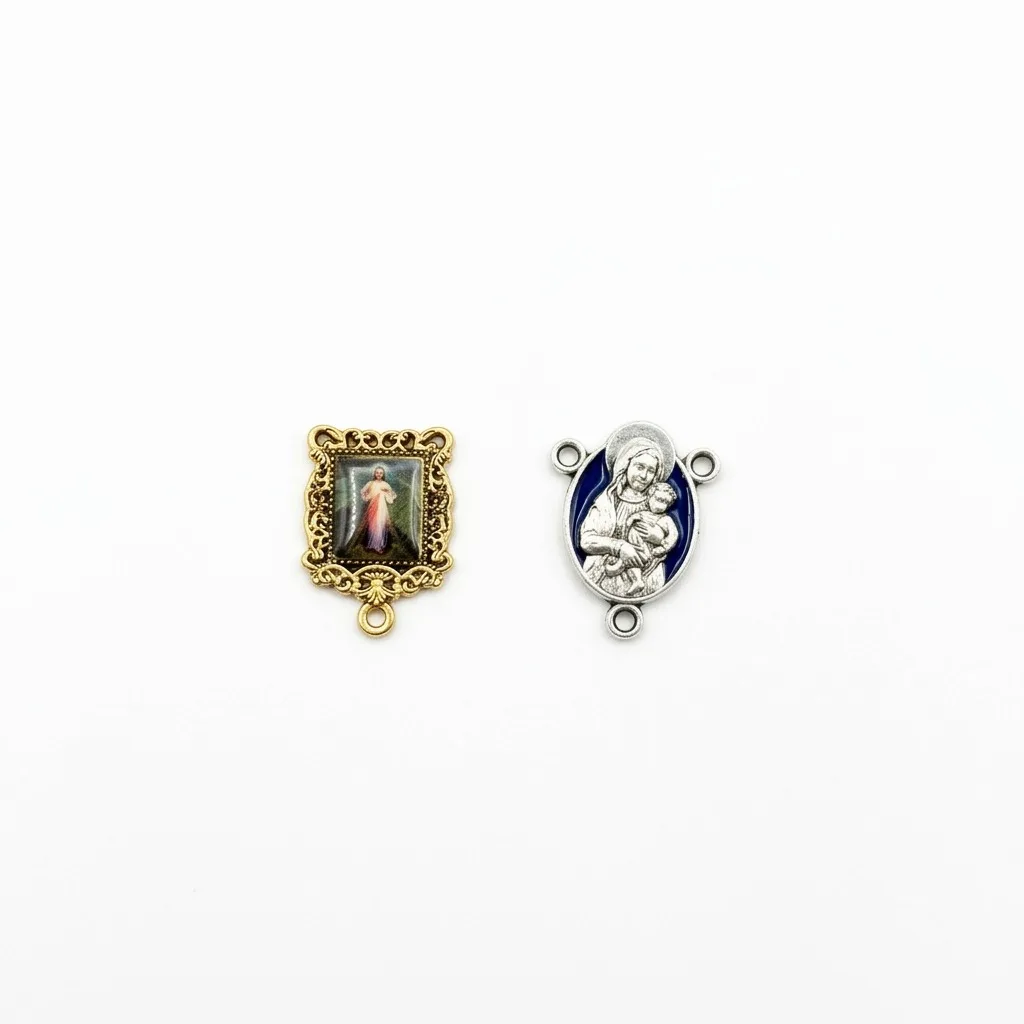 10Pcs Three Loop Oval Blue Enamel Madonna & Child Connector Charms Silver Dual-Sided Three-Strand Rosary Link Pendants