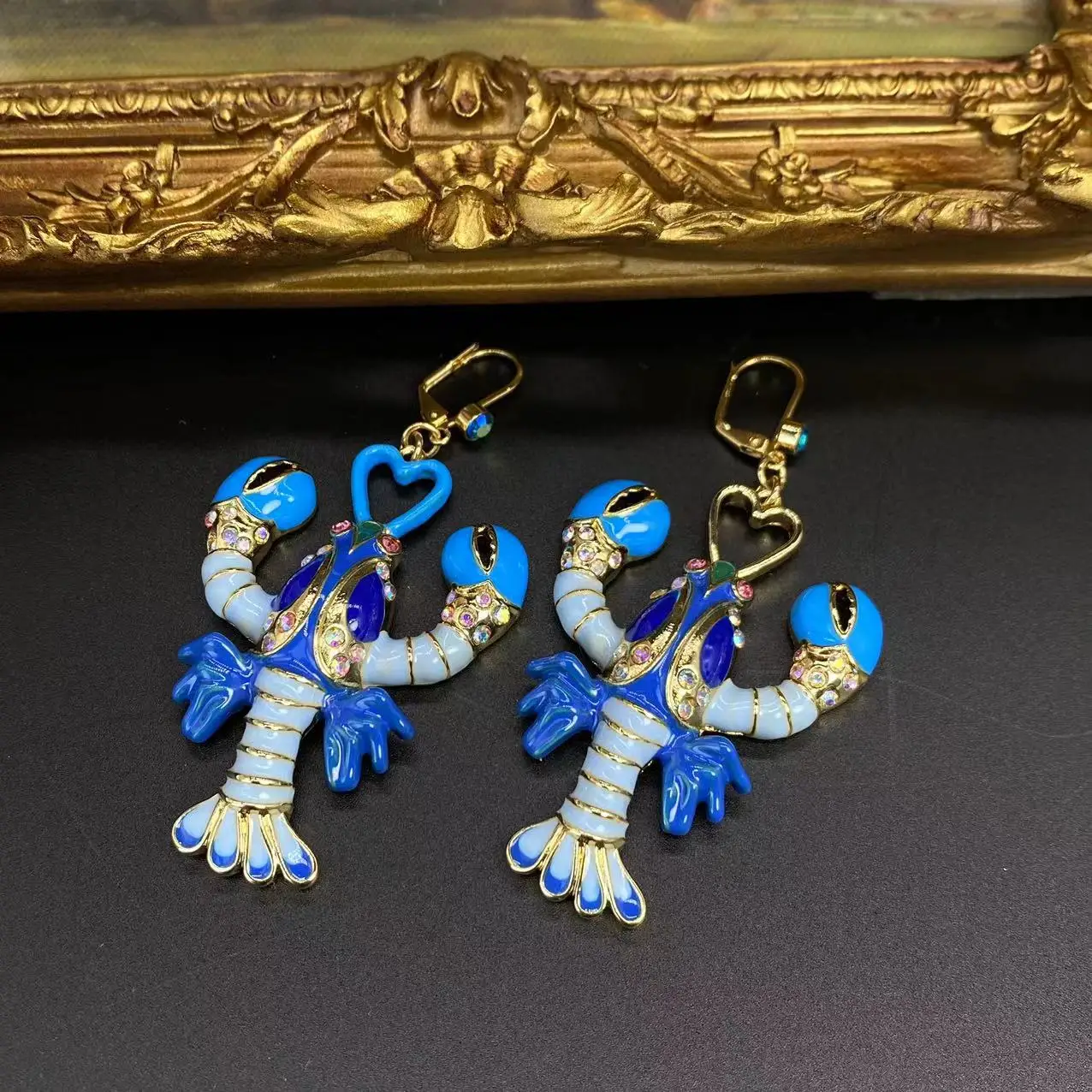 Vintage Enamel Blue BJ Lobster Earrings Gold-plated Diamond-encrusted Luxury Marine Animal Jewelry