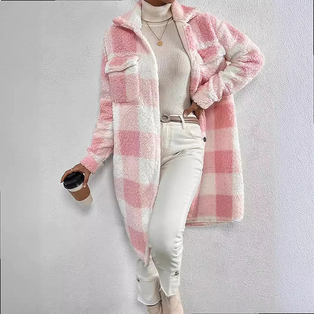 Cross Button Plaid Faux Fur Coat Long Overcoat Women Spring Fall Winter Casual Loose Outerwear Jackets