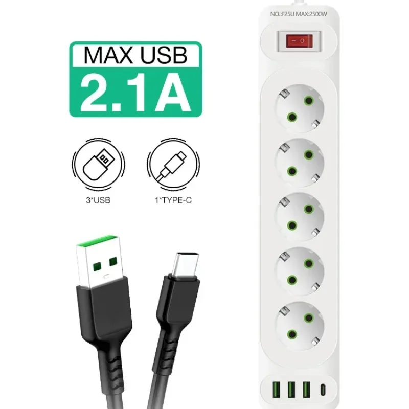 EU Plug Power Strip 5 AC Outlet Multitap Extension with 4 USB Ports 2m Cord Electrical Socket 2500W Fast Charge Surge Protector