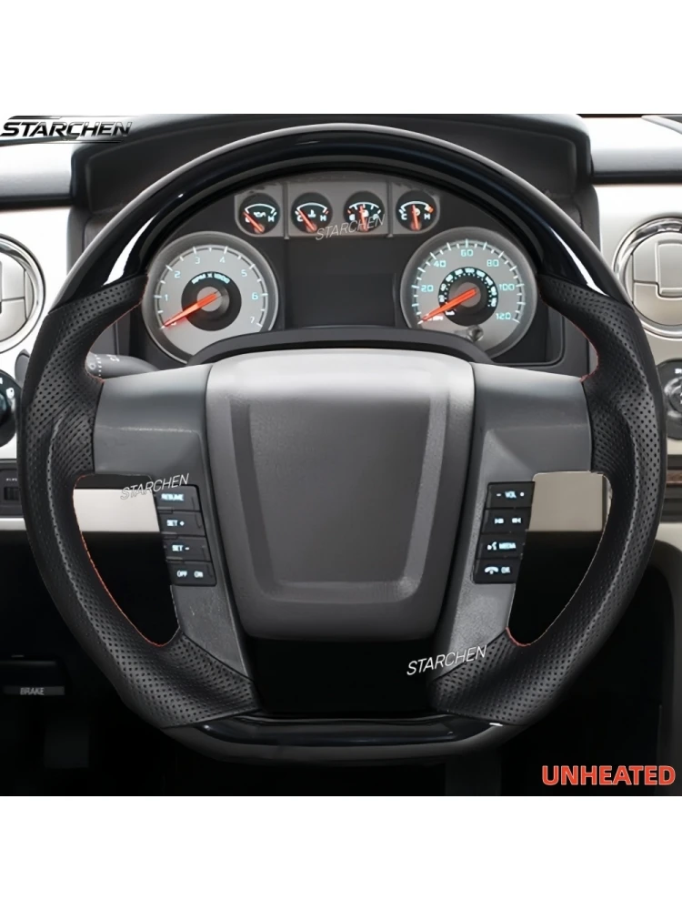 Piano Black Steering Wheel for Ford F150 2009-2014 Perforated Leather D-shaped Flat-bottom with Red Handcrafted Stitching (Non-heated)