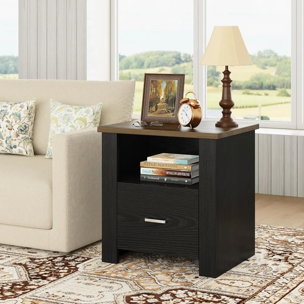 

Farmhouse Nightstand with Storage Drawer, Black Bedside Table with Metal Handle&Open Wood Shelf, Rustic End Table for